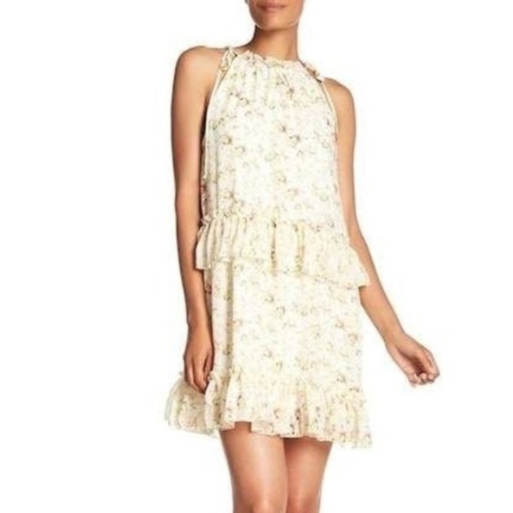NSR Floral Halter Ruffle Tiered Mini Dress Cream Pink XS CD9975 Made in USA
